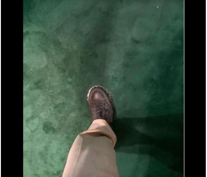 foot on wet water damaged green carpet 